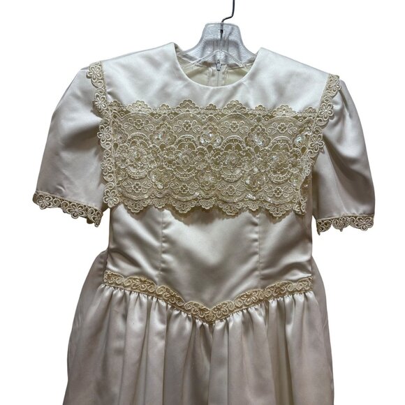 VTG Jessica Mcclintock Girls Ivory Satin & Lace Dress Size 14 Embroidered lined - Picture 5 of 10